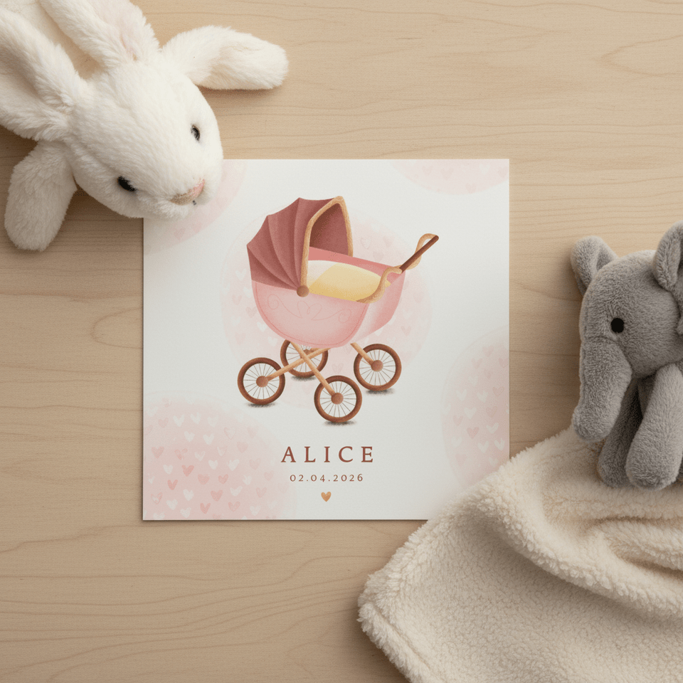 Klassiek geboortekaartje meisje met kinderwagen en hartjes