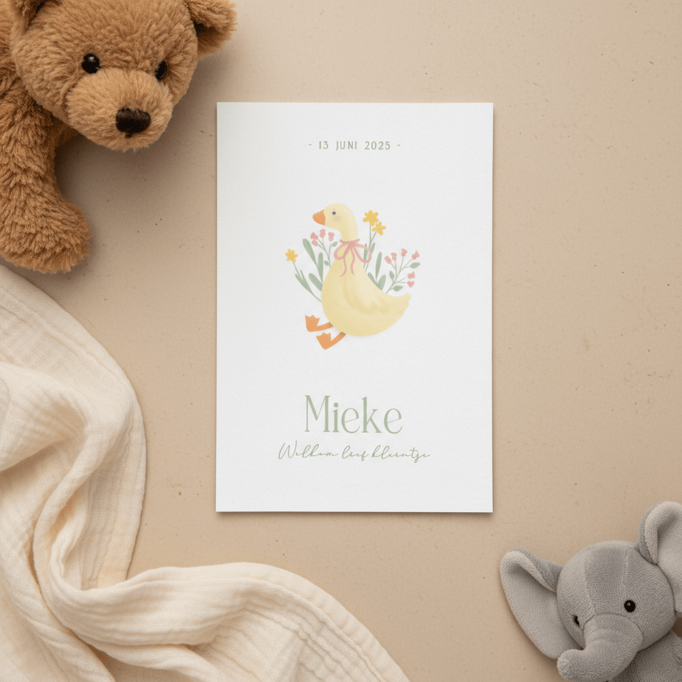 Klassiek wit geboortekaartje meisje met gansje en bloemen