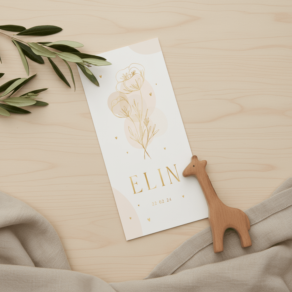 Langwerpig geboortekaartje foliedruk lijntekening bloemen