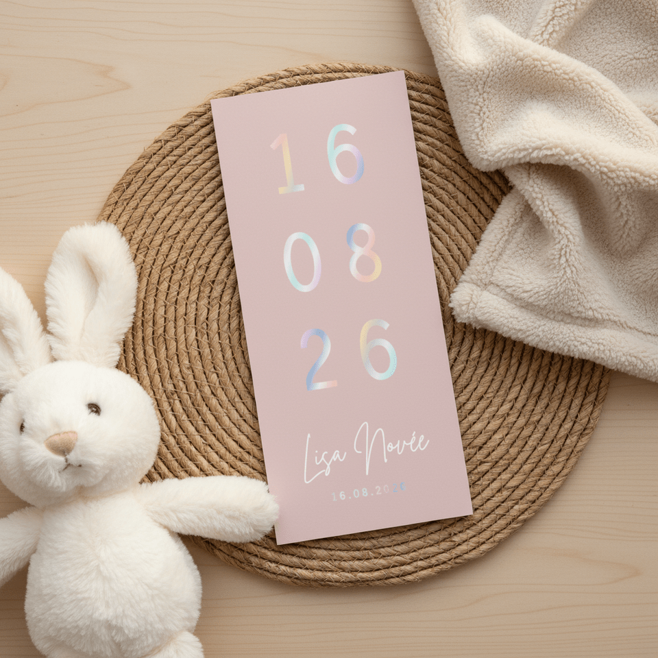 Langwerpig minimalistisch geboortekaartje met grote datum