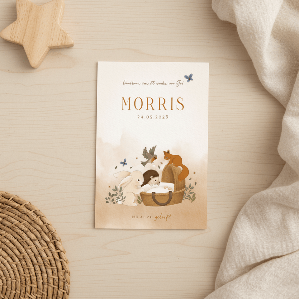 Lief bos geboortekaartje konijn egel eekhoorn vogel wiegje
