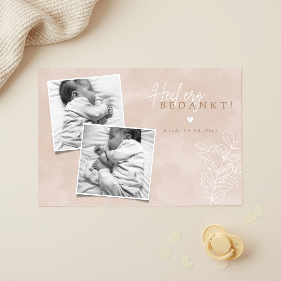 Lief geboorte bedankkaartje met foto's en eucalyptus