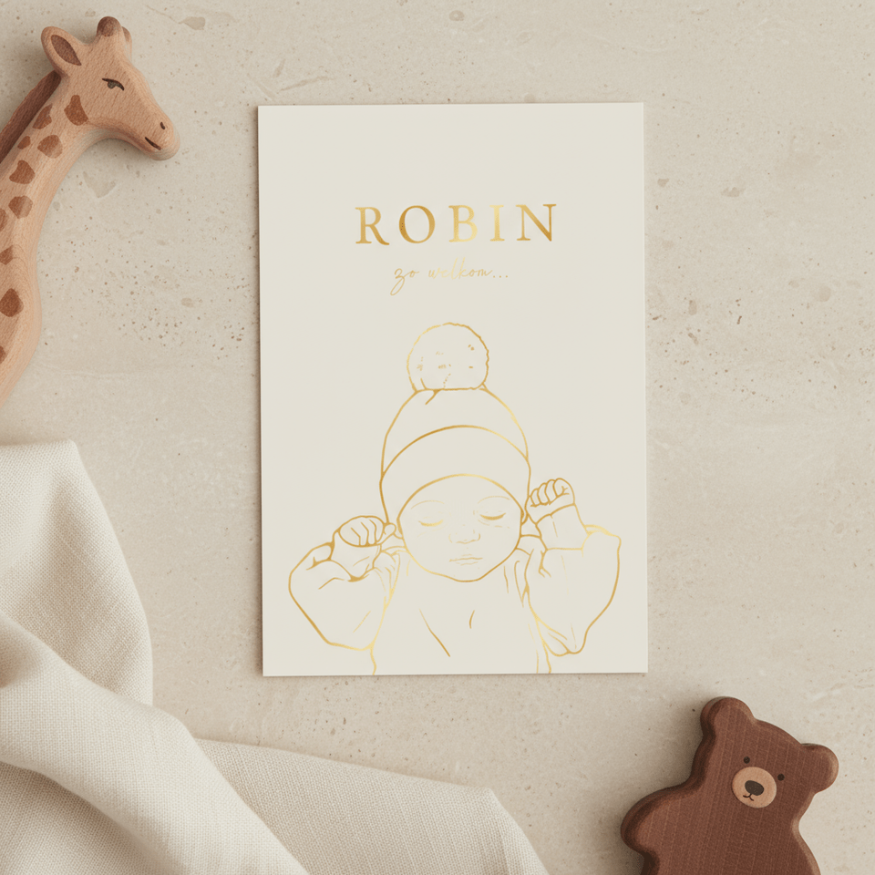 Lief geboortekaartje baby met mutsje – goudfolie