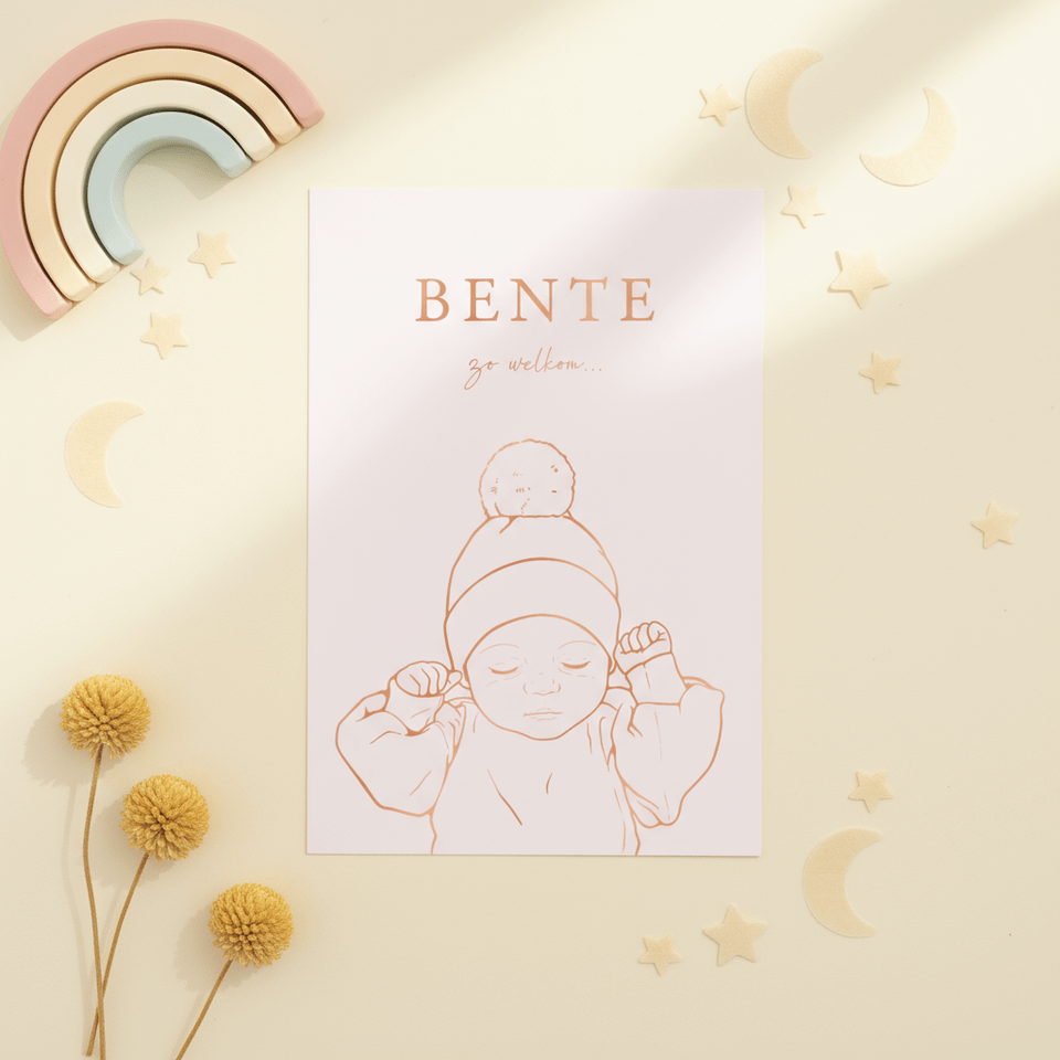 Lief geboortekaartje baby met mutsje – koperfolie