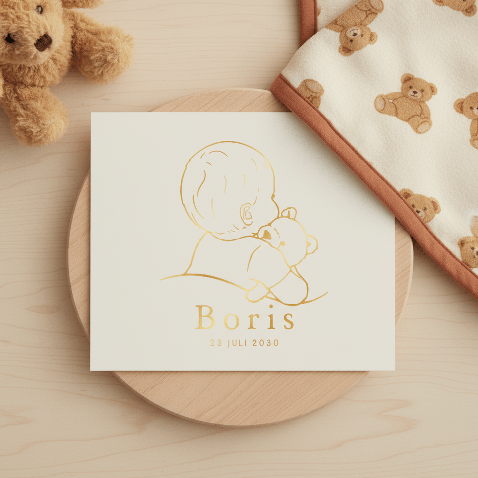 Lief geboortekaartje baby met teddybeer – goudfolie