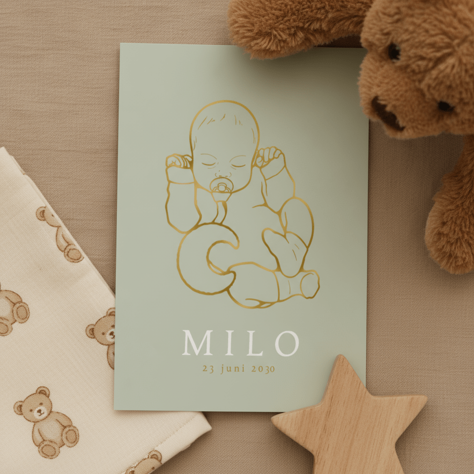 Lief geboortekaartje baby speendoekje met maan – goudfolie