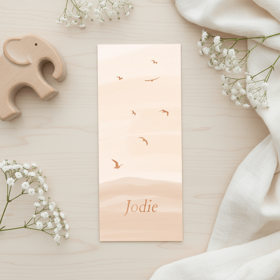 Lief geboortekaartje beige waterverf met vogels foliedruk