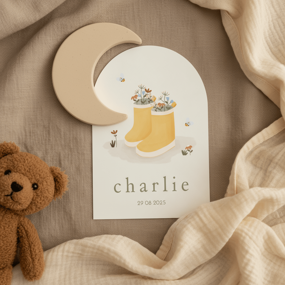 Lief geboortekaartje gele laarsjes en bloemetjes boogvorm