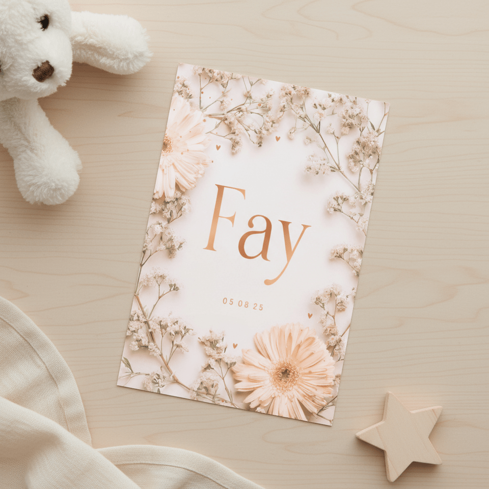 Lief geboortekaartje gipskruid kader gerbera zalmroze 