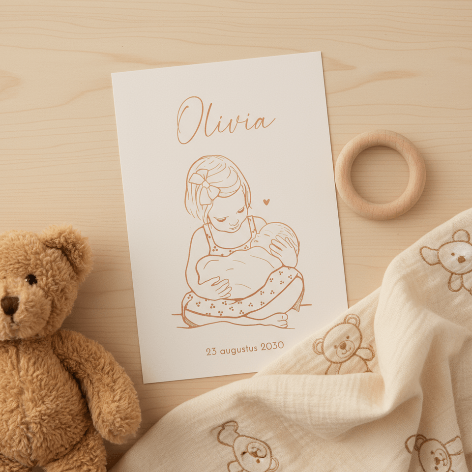 Lief geboortekaartje grote zus met baby – koperfolie