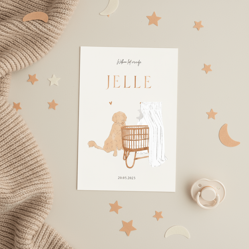 Lief geboortekaartje hond en wiegje neutraal illustratie