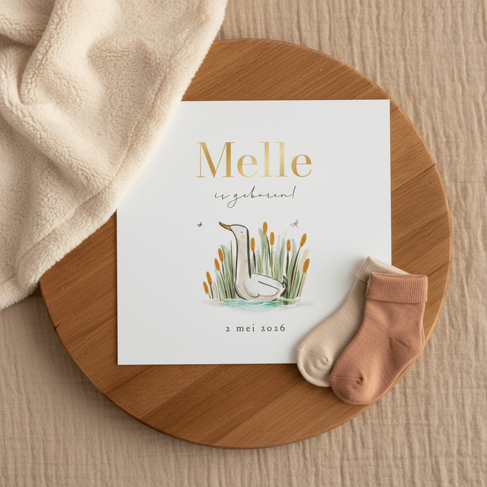 Lief geboortekaartje illustratie gans riet libelle