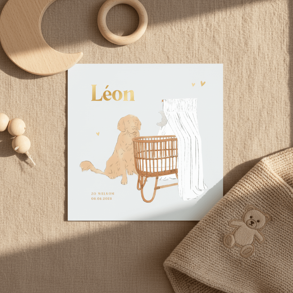 Lief geboortekaartje jongen hond en wiegje illustratie