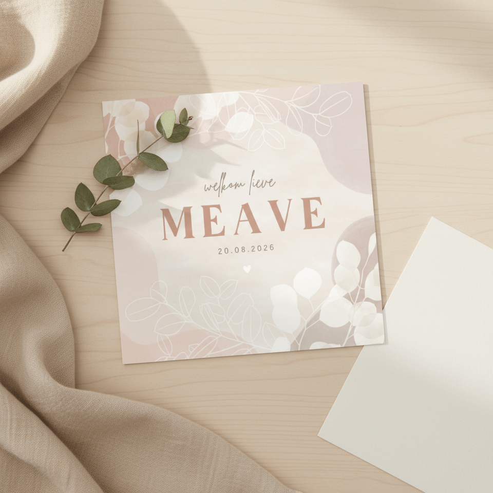 Lief geboortekaartje meisje eucalyptus hartje roze waterverf