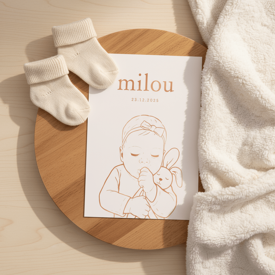 Lief geboortekaartje meisje met konijn – koperfolie