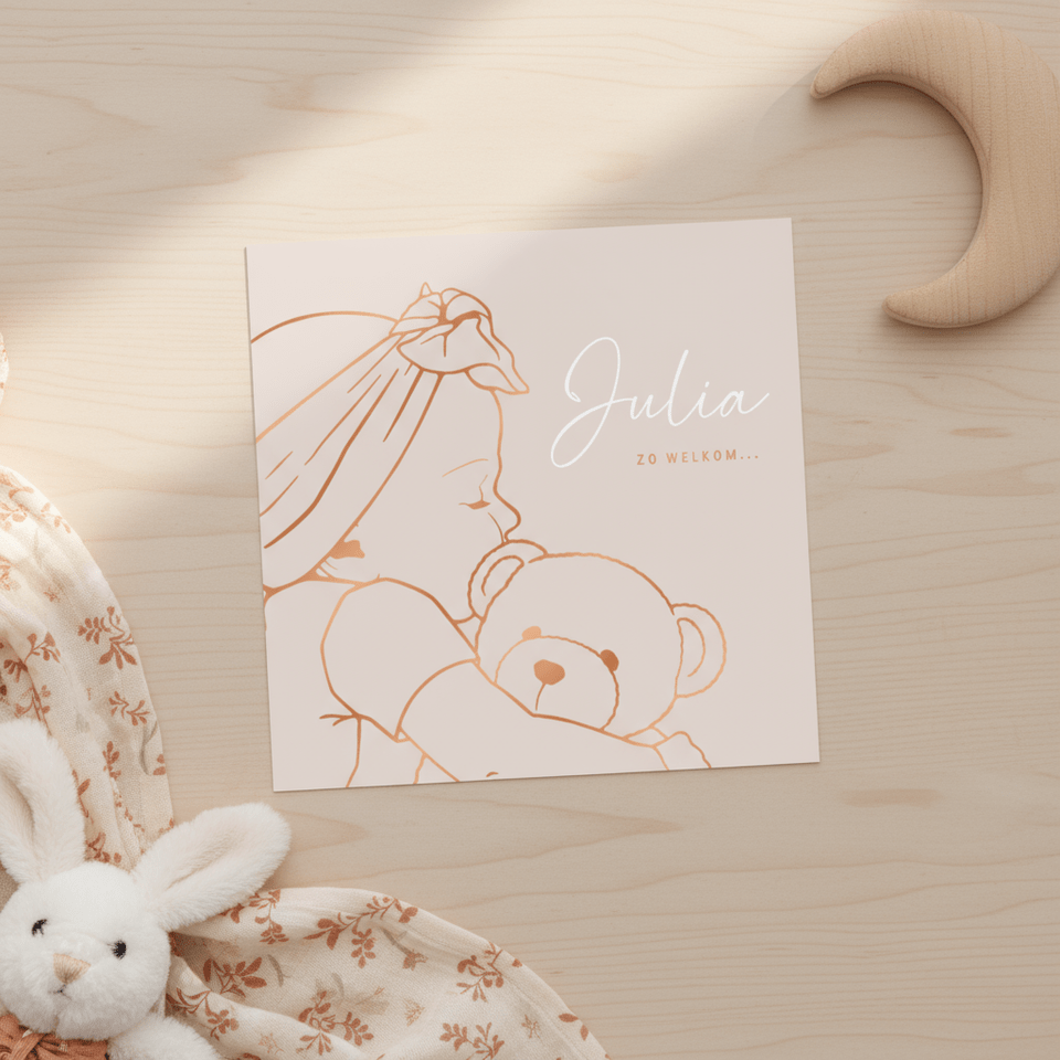 Lief geboortekaartje meisje met teddybeer - koperfolie