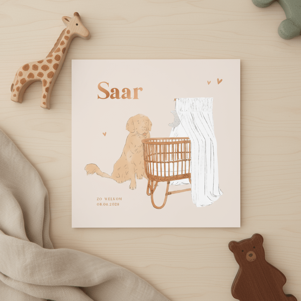 Lief geboortekaartje meisje wieg en hond illustratie roze