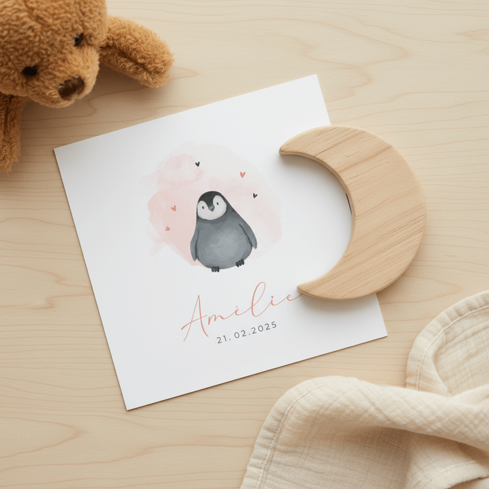 Lief geboortekaartje met baby pinguin en waterverf