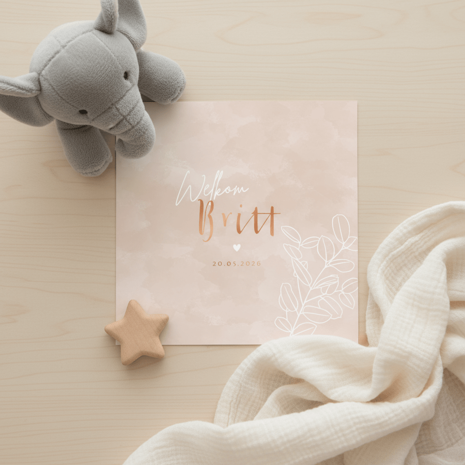 Lief geboortekaartje met eucalyptus takje en waterverf