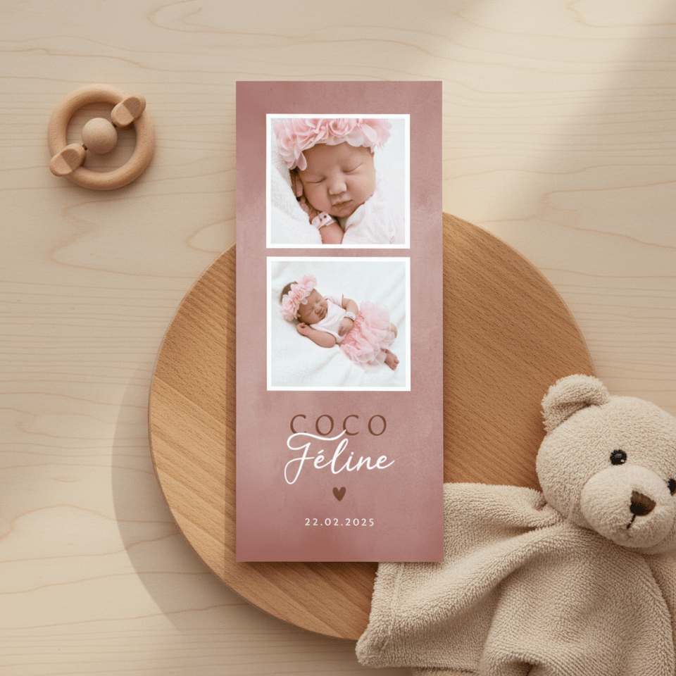 Lief geboortekaartje met foto's roze waterverf en hartje