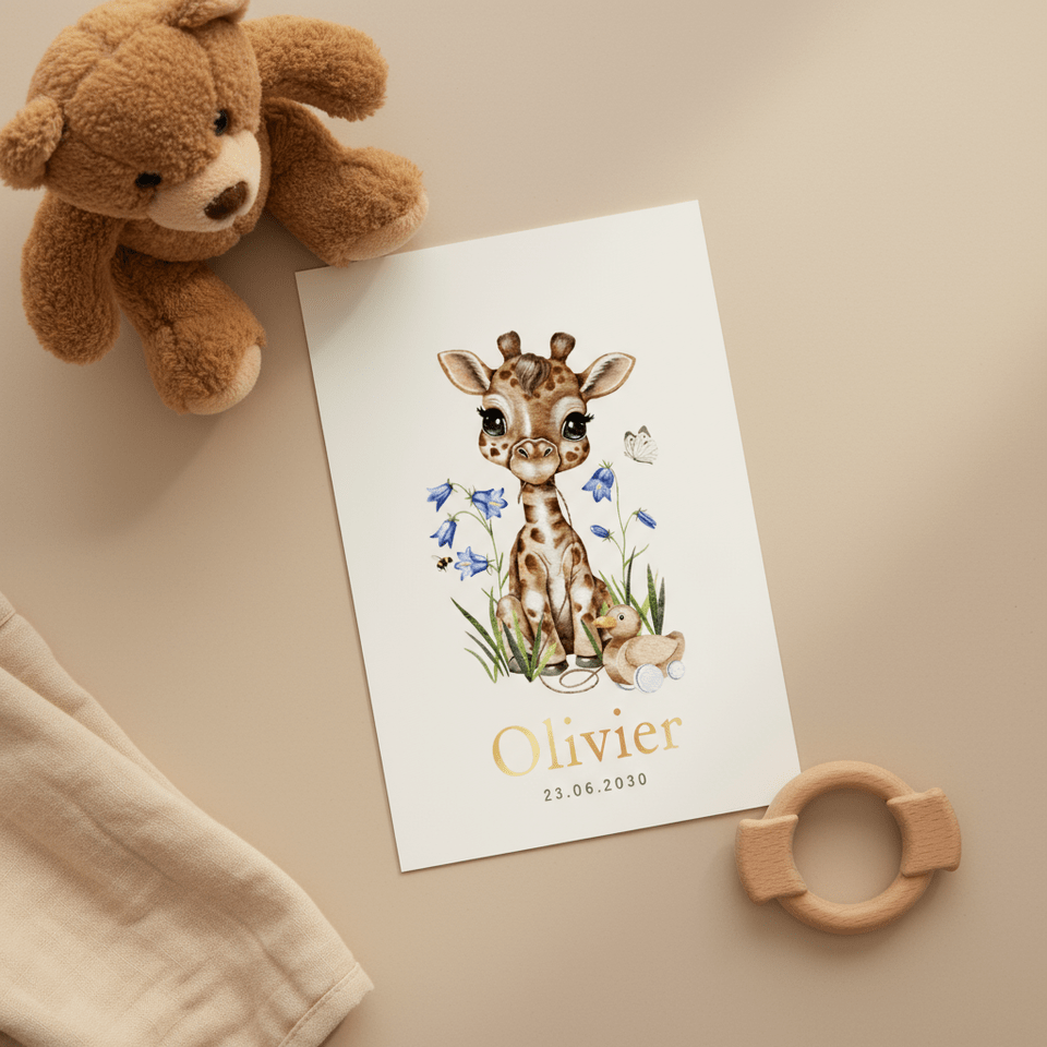 Lief geboortekaartje met giraffe, loopeend, bloemen, vlinder