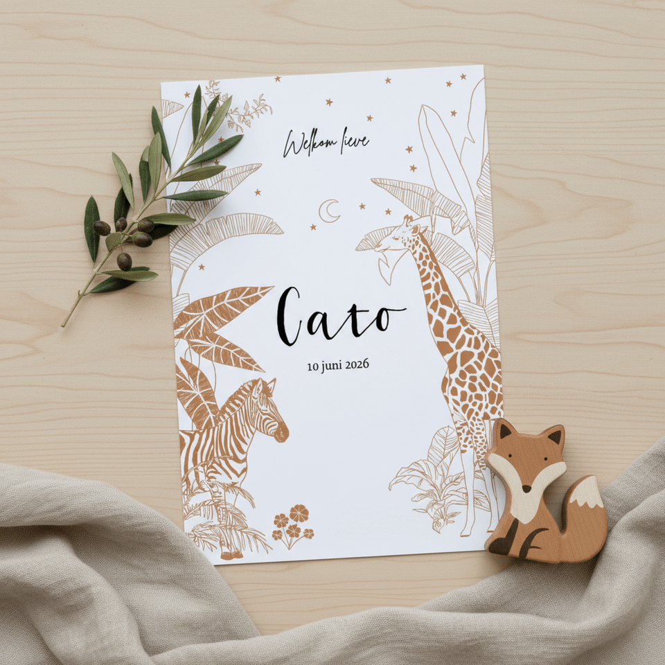 Lief geboortekaartje met jungledieren en sterretjes in Terra