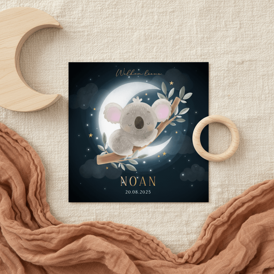 Lief geboortekaartje met koala op tak en maan en sterren