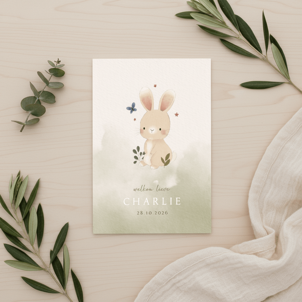 Lief geboortekaartje met konijn, plantjes en vlindertje