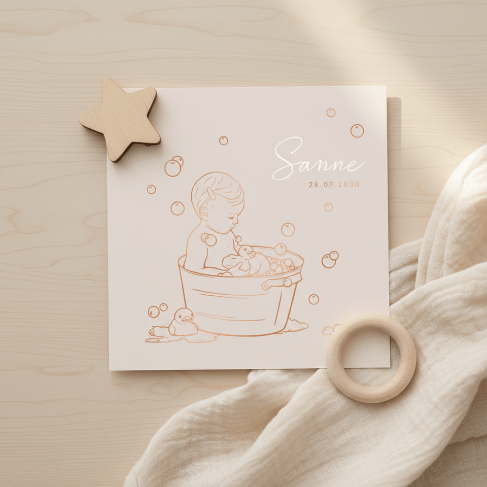 Lief geboortekaartje met meisje in badje – koperfolie