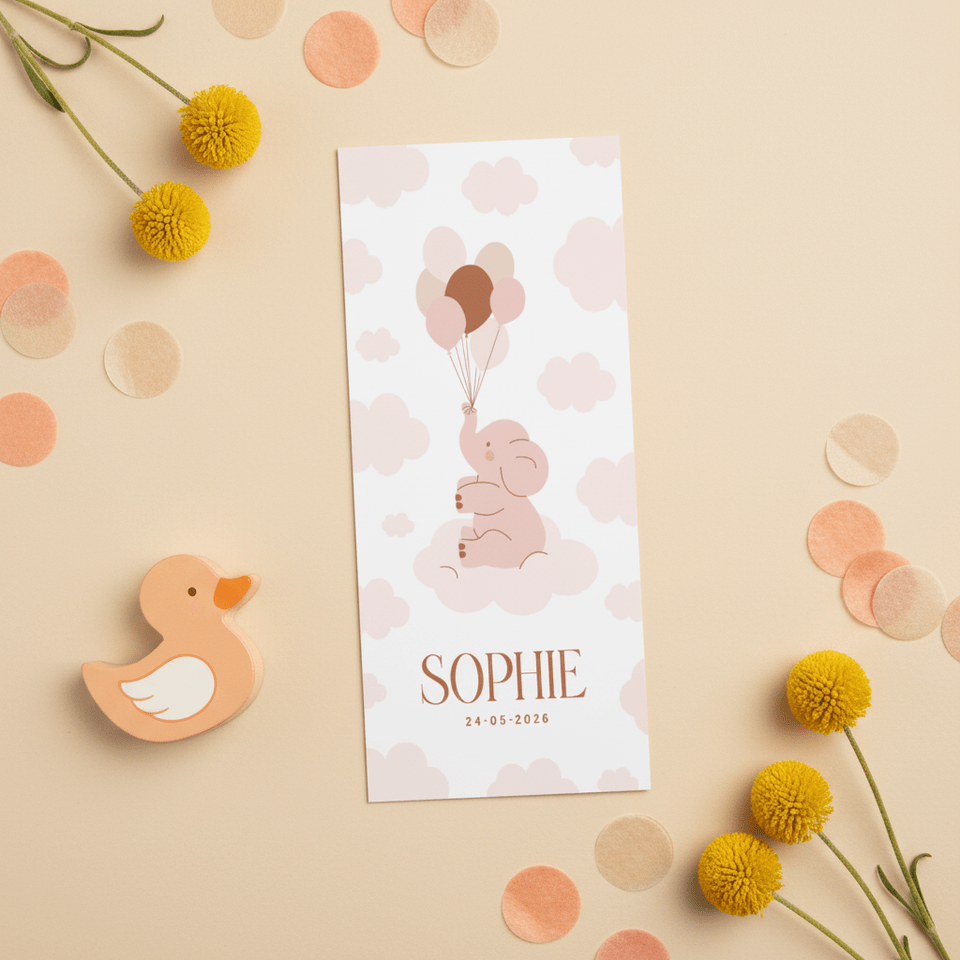 Lief geboortekaartje met olifantje en ballonnen wit roze