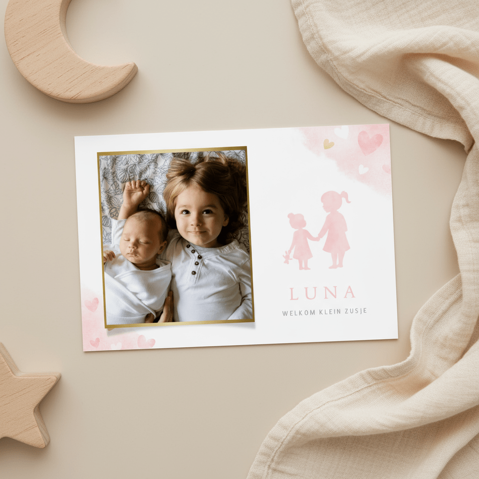 Lief geboortekaartje met silhouet 2 zusjes en eigen foto