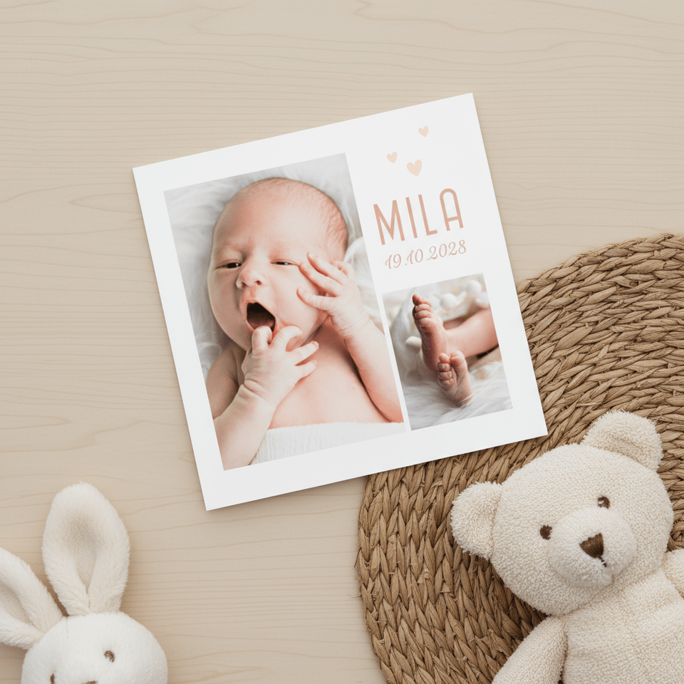 Lief geboortekaartje met twee foto's en hartjes