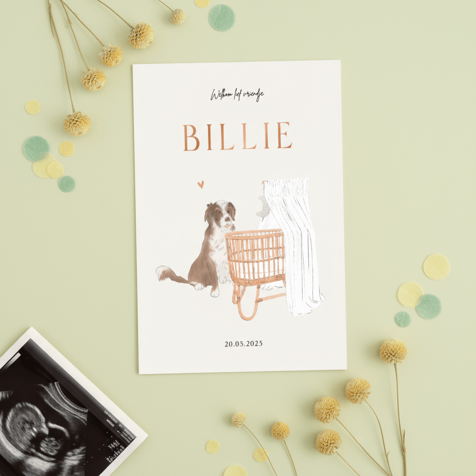 Lief geboortekaartje met vintage wieg en hond koperfolie