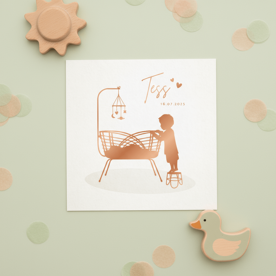 Lief geboortekaartje met wiegje silhouet grote broer