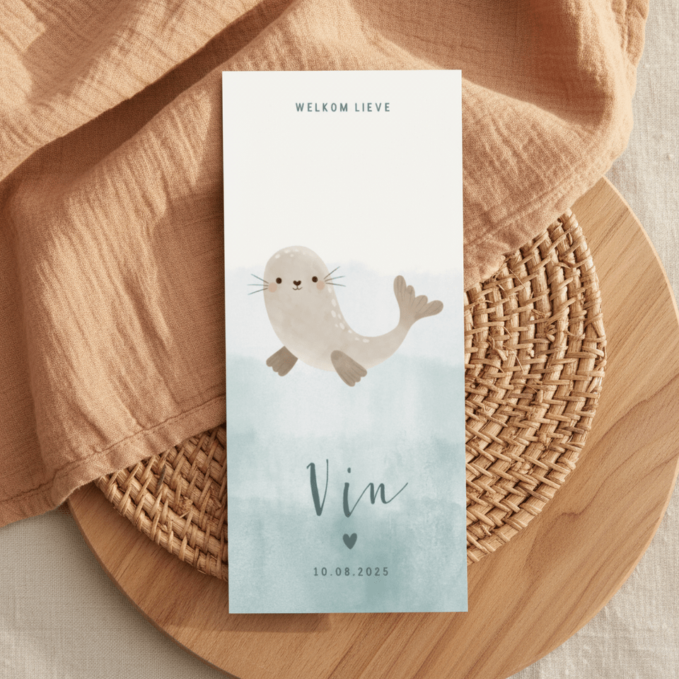 Lief geboortekaartje met zeehondje en blauwe waterverf