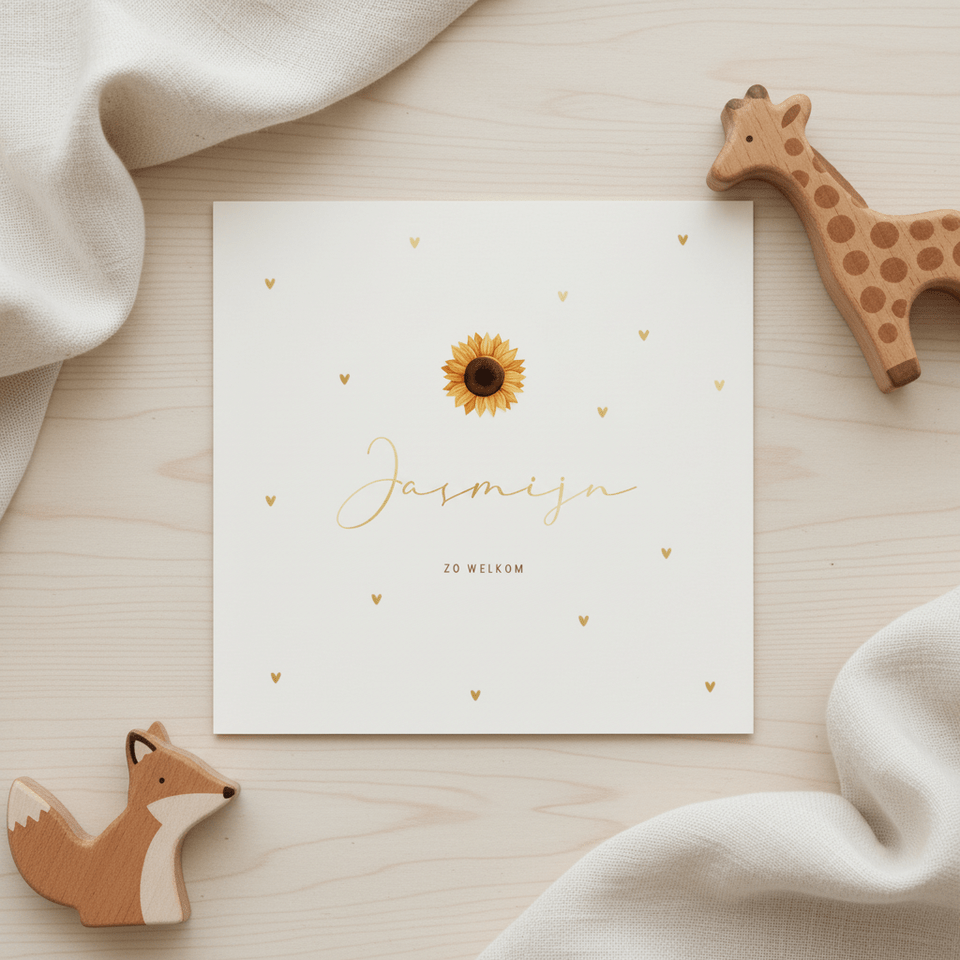 Lief geboortekaartje met zonnebloem en hartjespatroon
