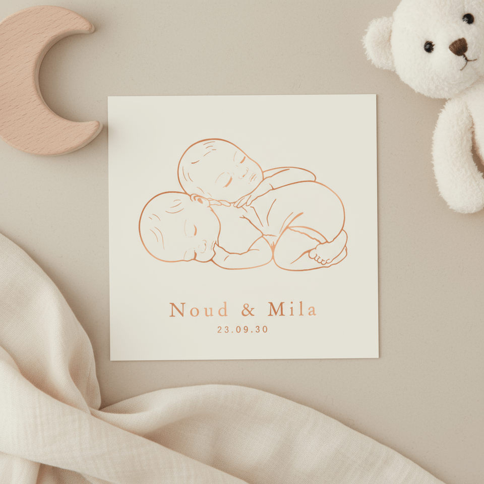 Lief geboortekaartje slapende tweeling – koperfolie