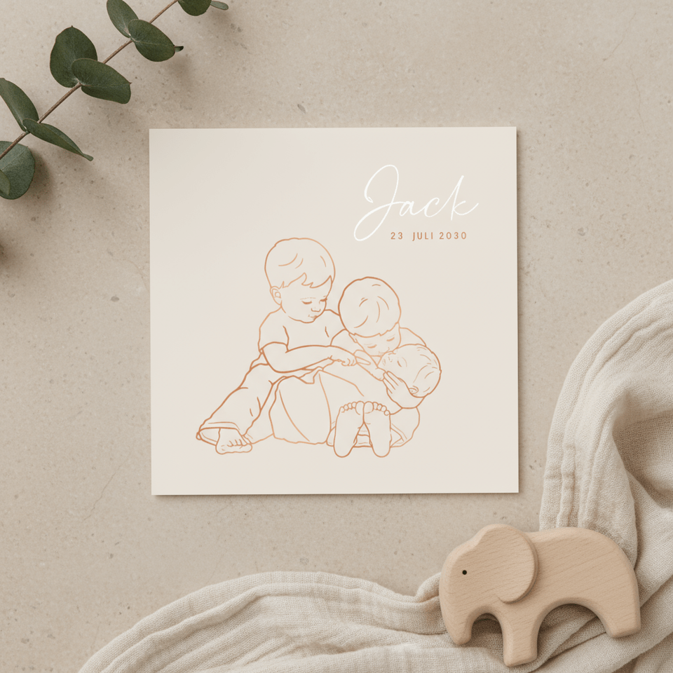 Lief geboortekaartje twee broers met baby – koperfolie