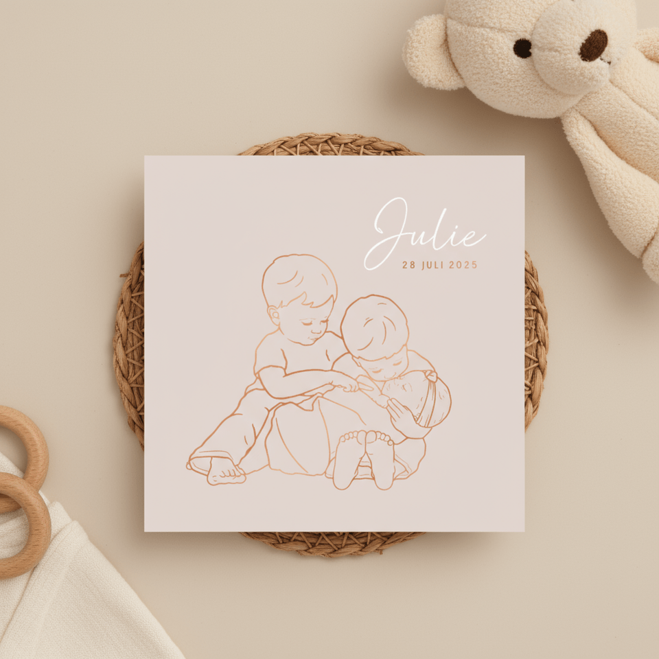 Lief geboortekaartje twee broers met zusje – koperfolie