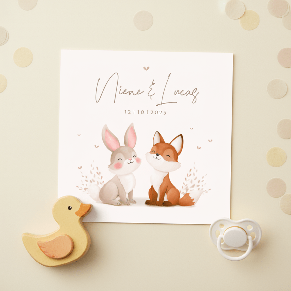 Lief geboortekaartje tweeling illustratie vosje en konijntje