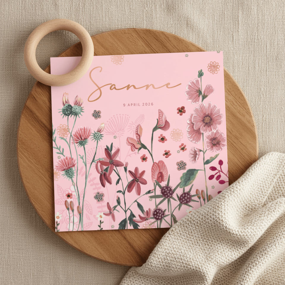 Lief geboortekaartje veldbloemen in roze aardetinten