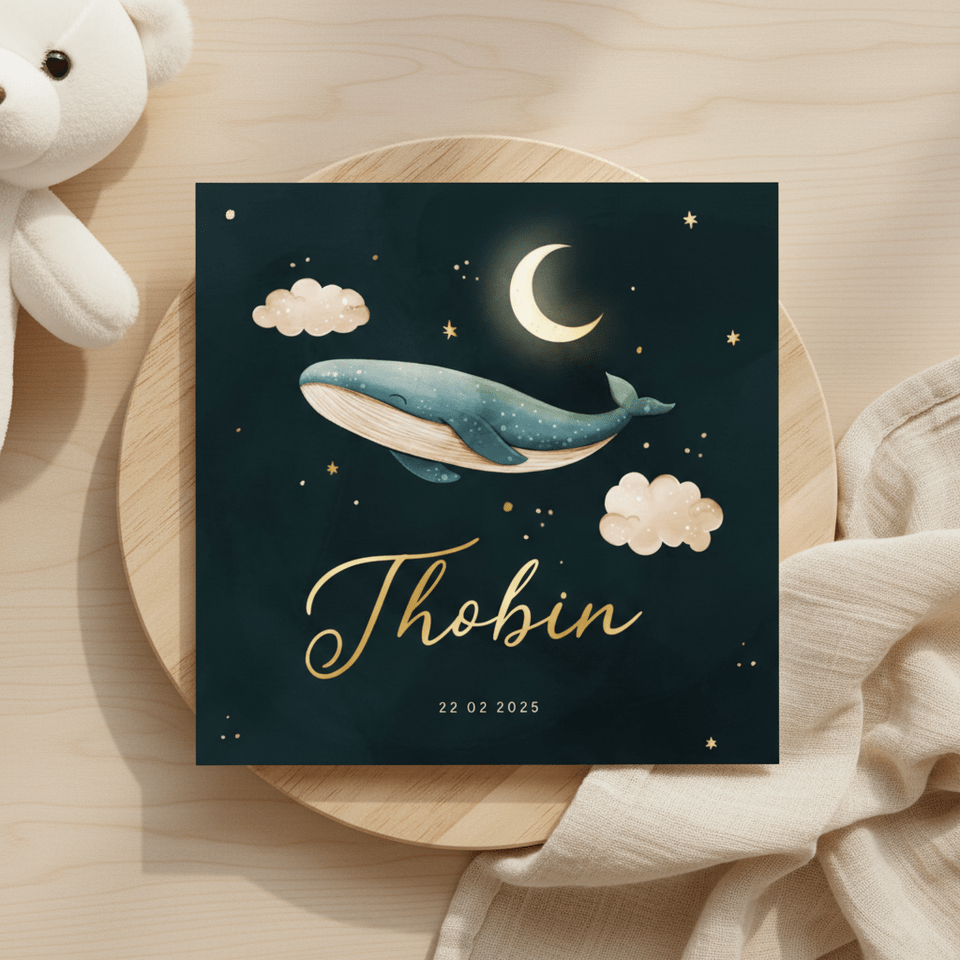 Lief geboortekaartje walvis met maan en goudfolie sterren