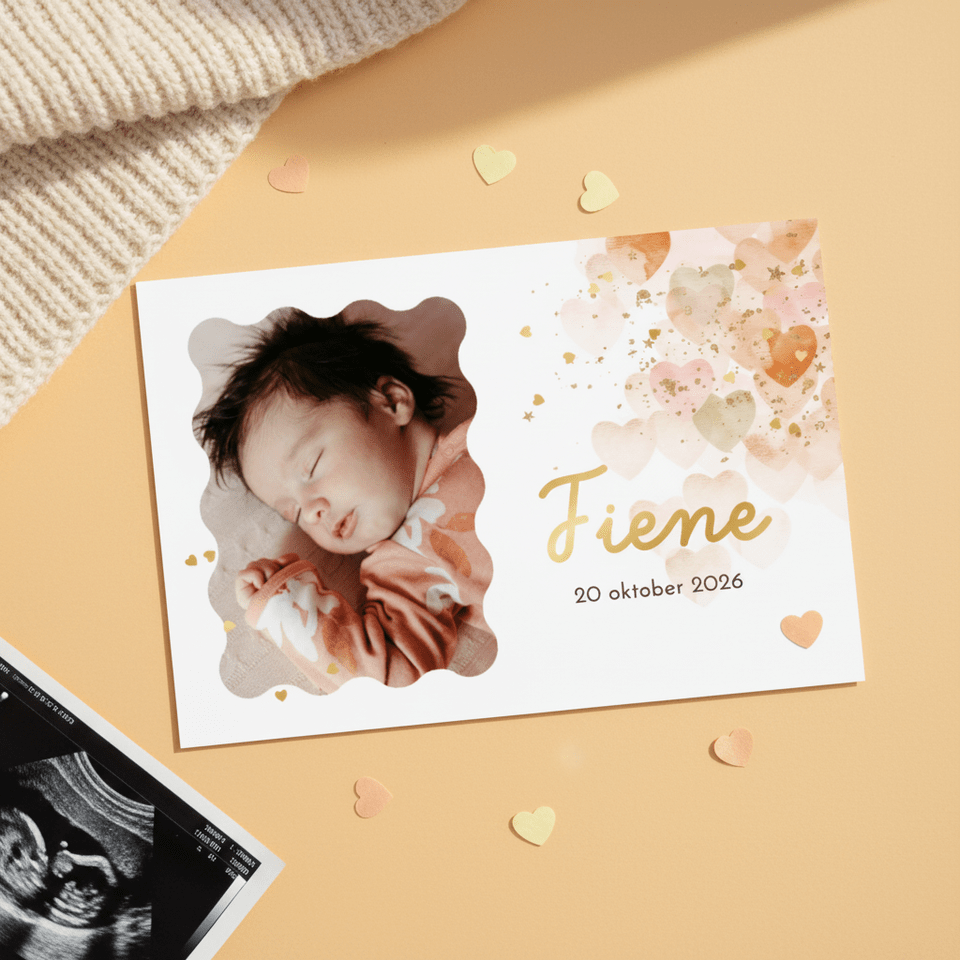 Lief geboortekaartje watercolor hartjes foto confetti goud