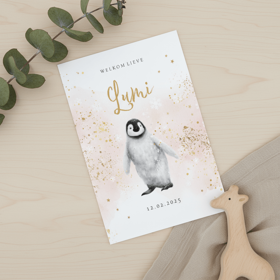 Lief geboortekaartje watercolor pinguïn goud sterren