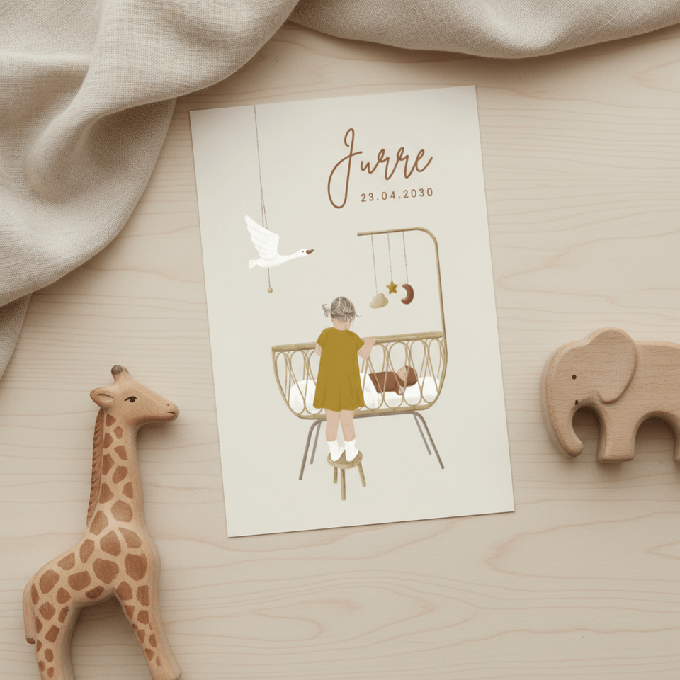 Lief geboortekaartje zus bij wiegje met baby