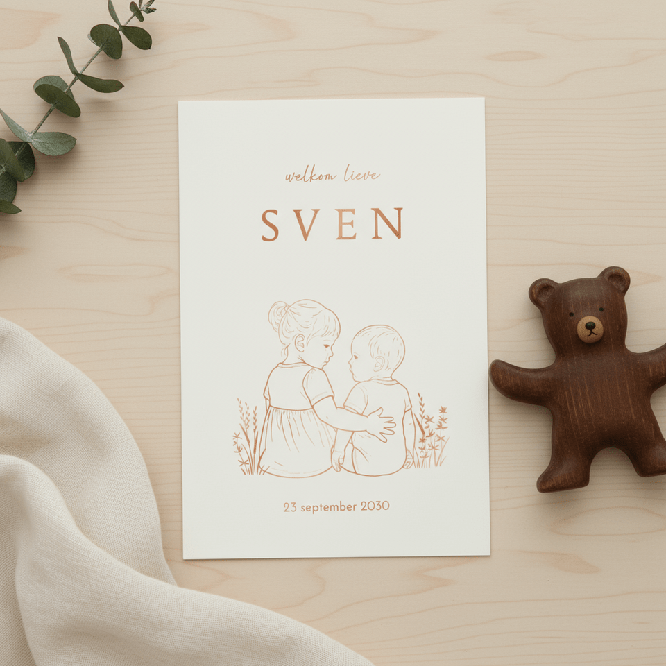 Lief geboortekaartje zus met arm om broertje – koperfolie