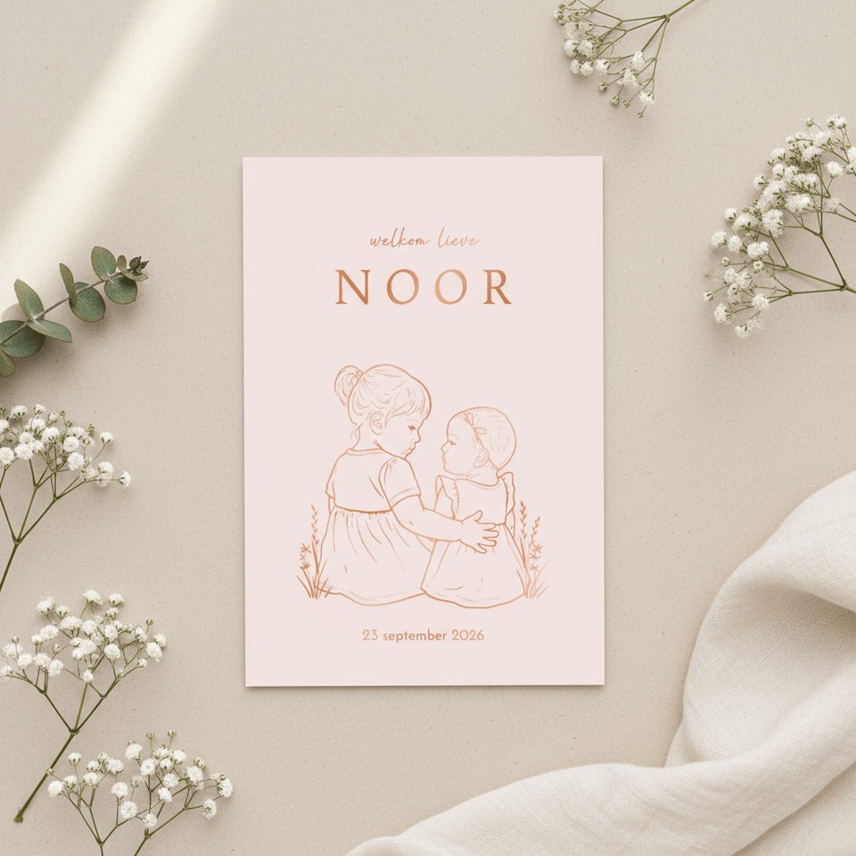 Lief geboortekaartje zus met arm om zusje – koperfolie