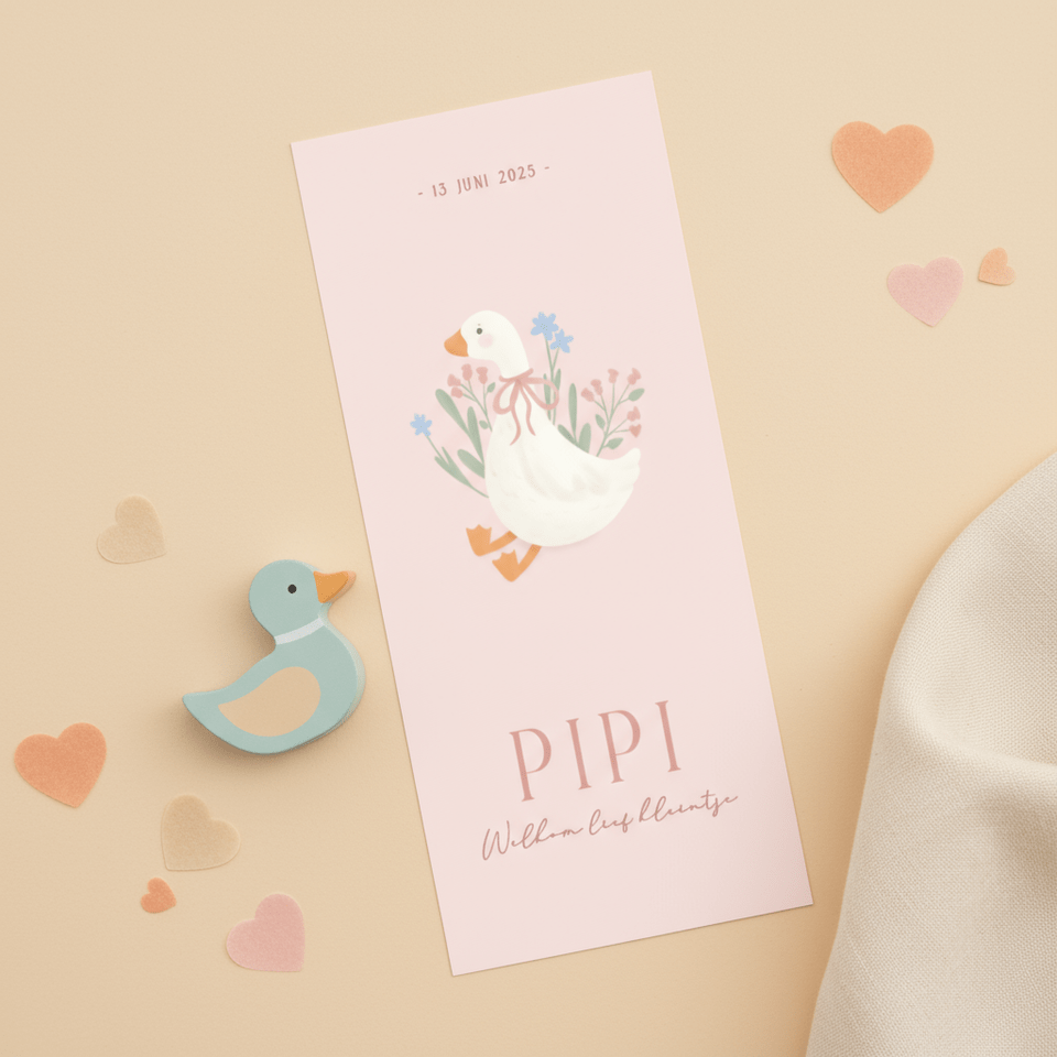 Lief langwerpig geboortekaartje met gansje en bloemen roze