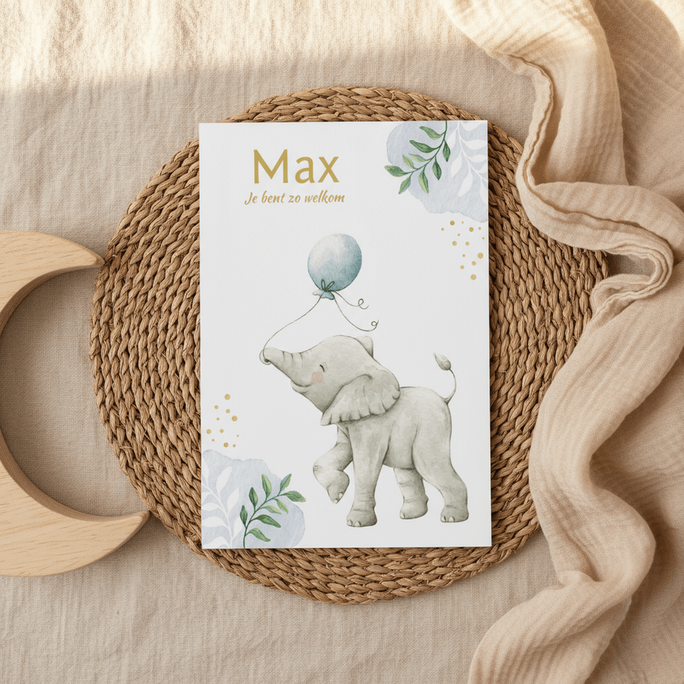 Lief olifantje op botanisch geboortekaartje jongen
