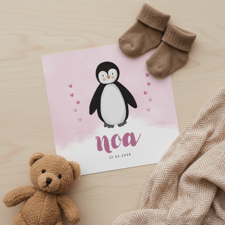 Lief pinguïn geboortekaartje met waterverf en hartjes